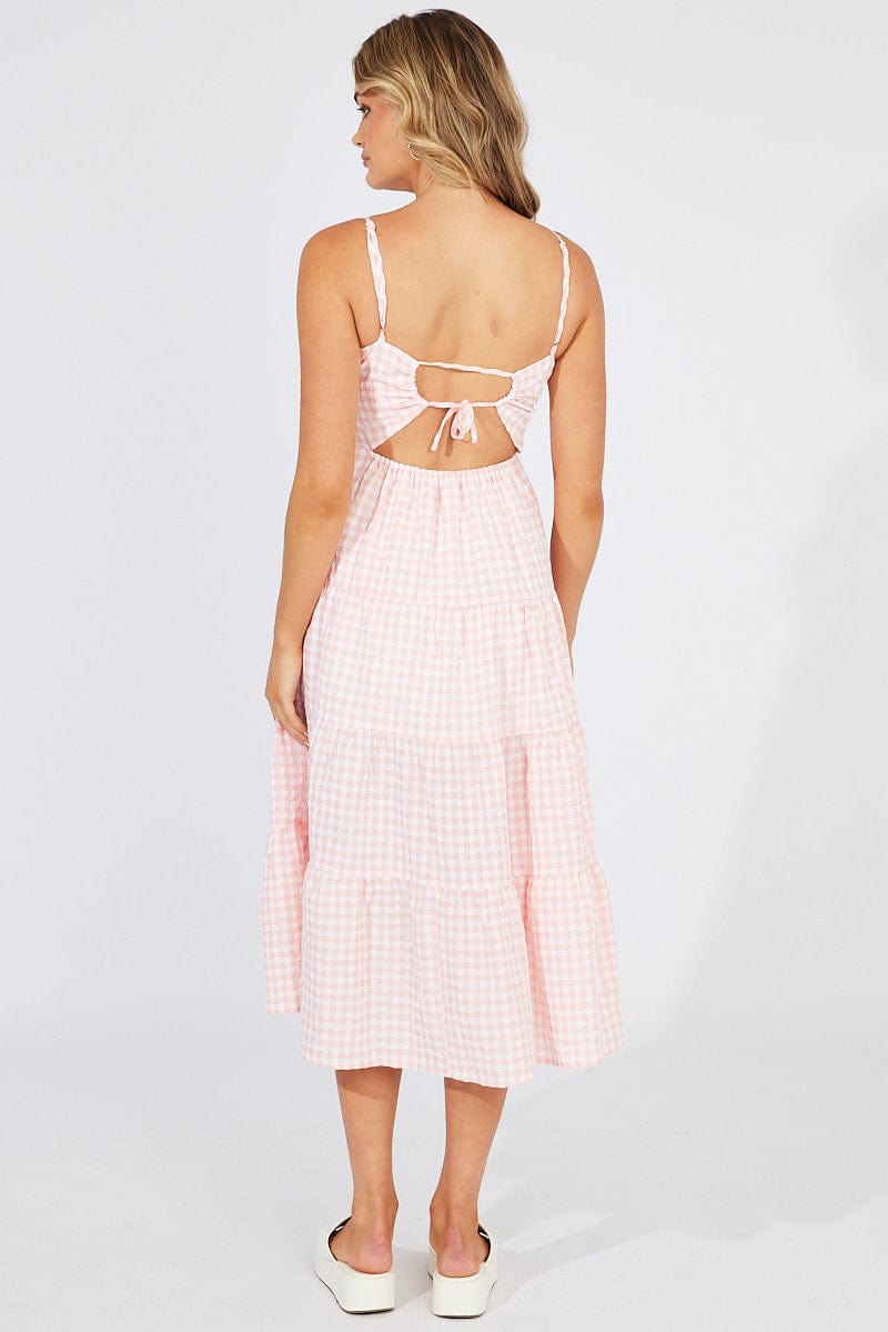 Pink Check Midi Dress Sleeveless Tie Back for Ally Fashion