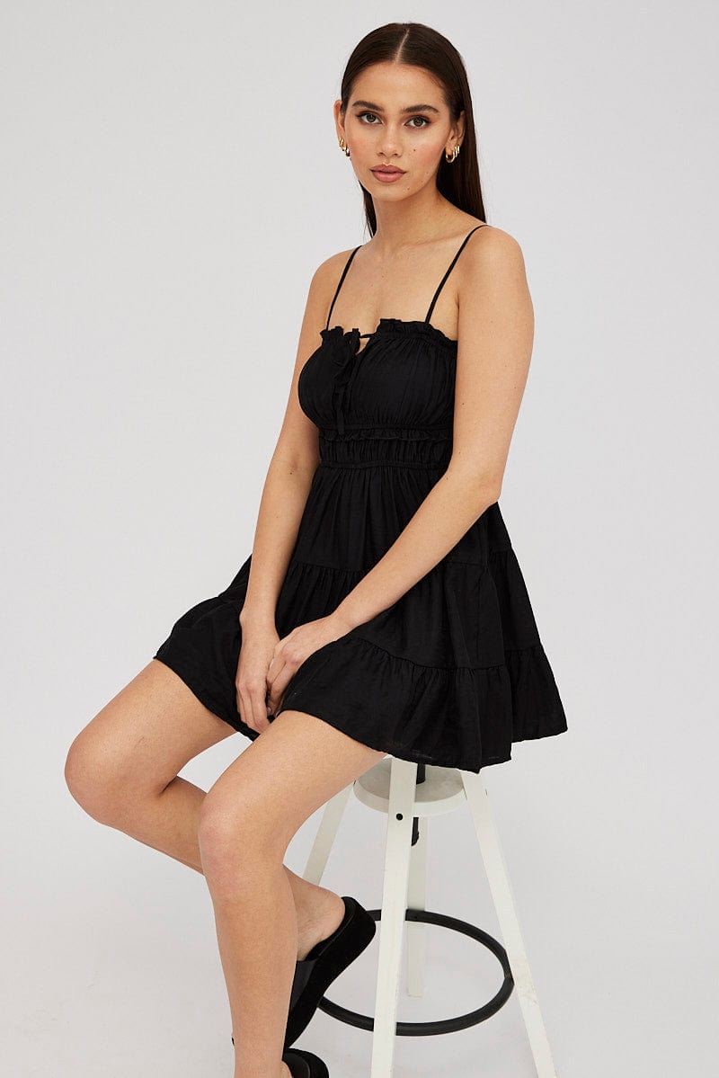 Black Fit and Flare Dress Sleeveless Tiered for Ally Fashion