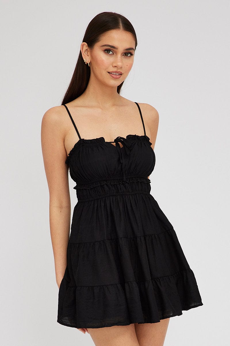 Black Fit and Flare Dress Sleeveless Tiered for Ally Fashion