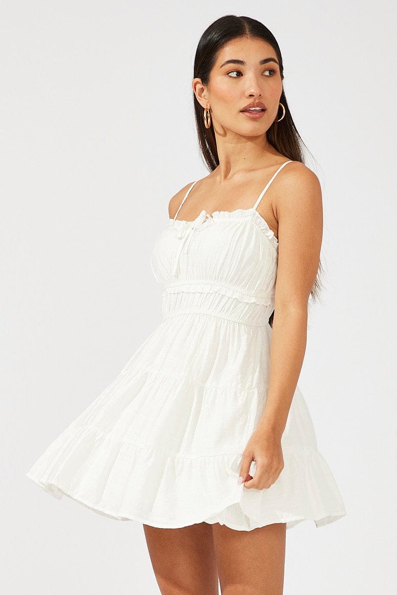 White Fit and Flare Dress Sleeveless Tiered for Ally Fashion
