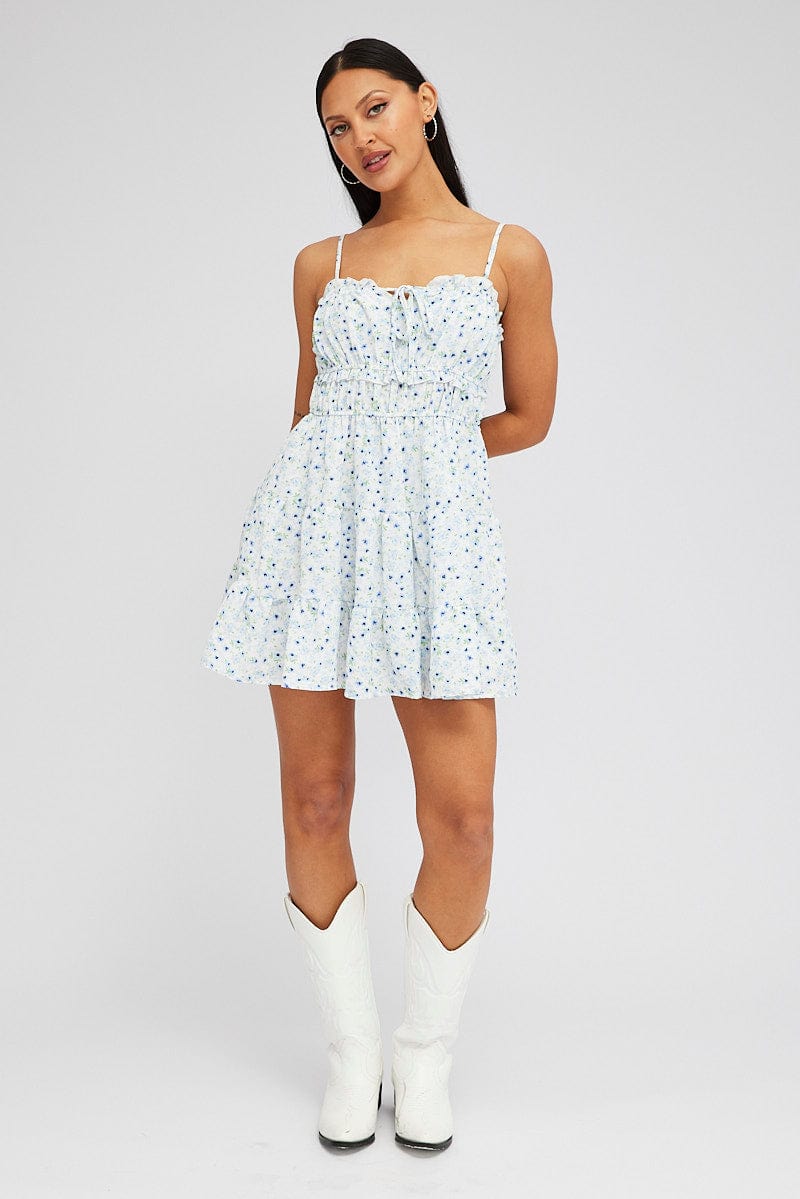 White Ditsy Fit and Flare Dress Sleeveless Tiered for Ally Fashion