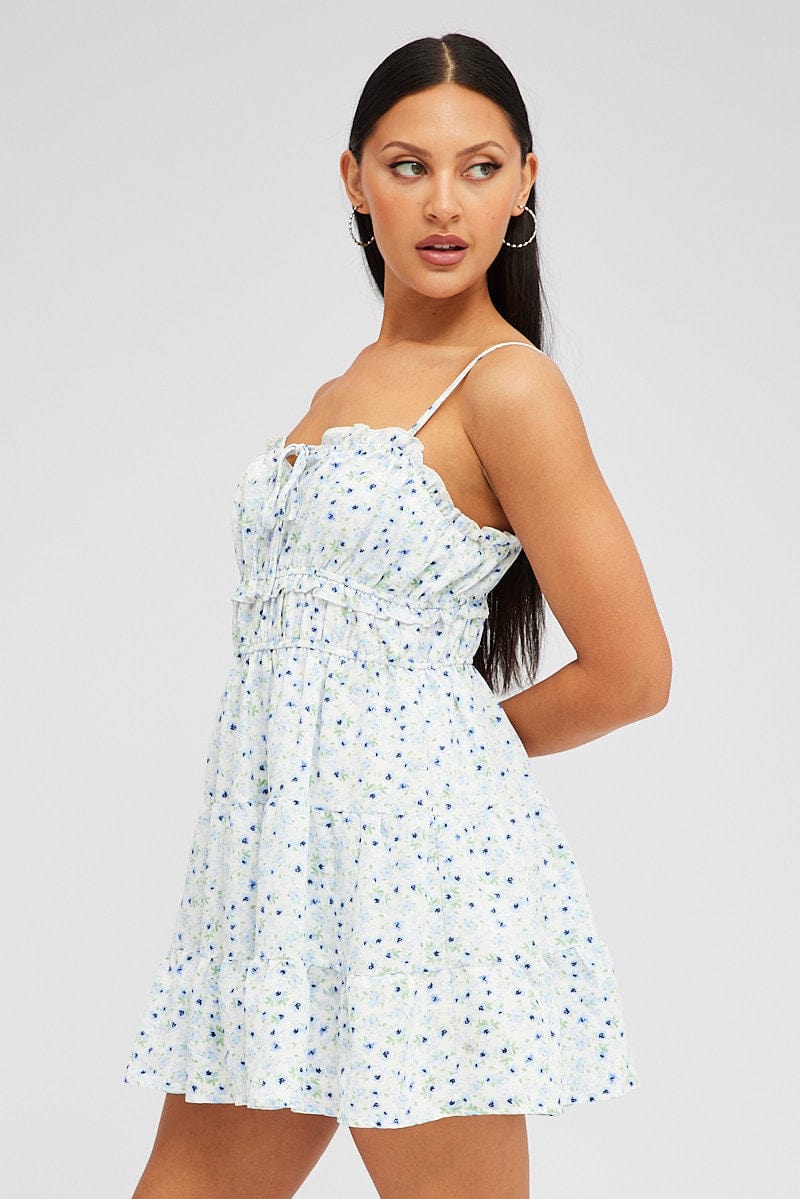 White Ditsy Fit and Flare Dress Sleeveless Tiered for Ally Fashion