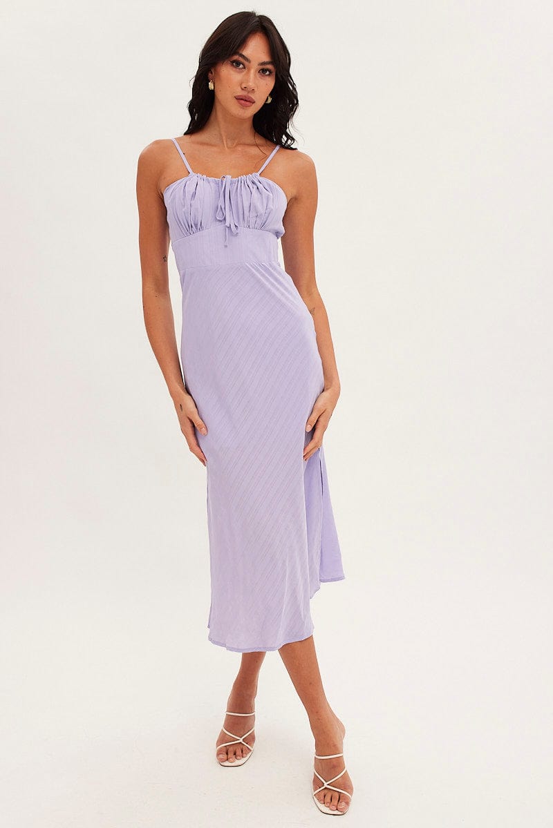 Purple Midi Dress Sleeveless Ruched Bust for Ally Fashion