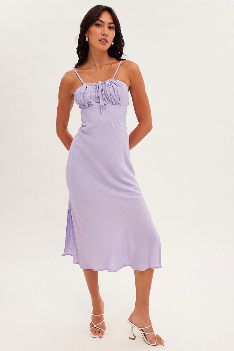Purple Midi Dress Sleeveless Ruched Bust for Ally Fashion