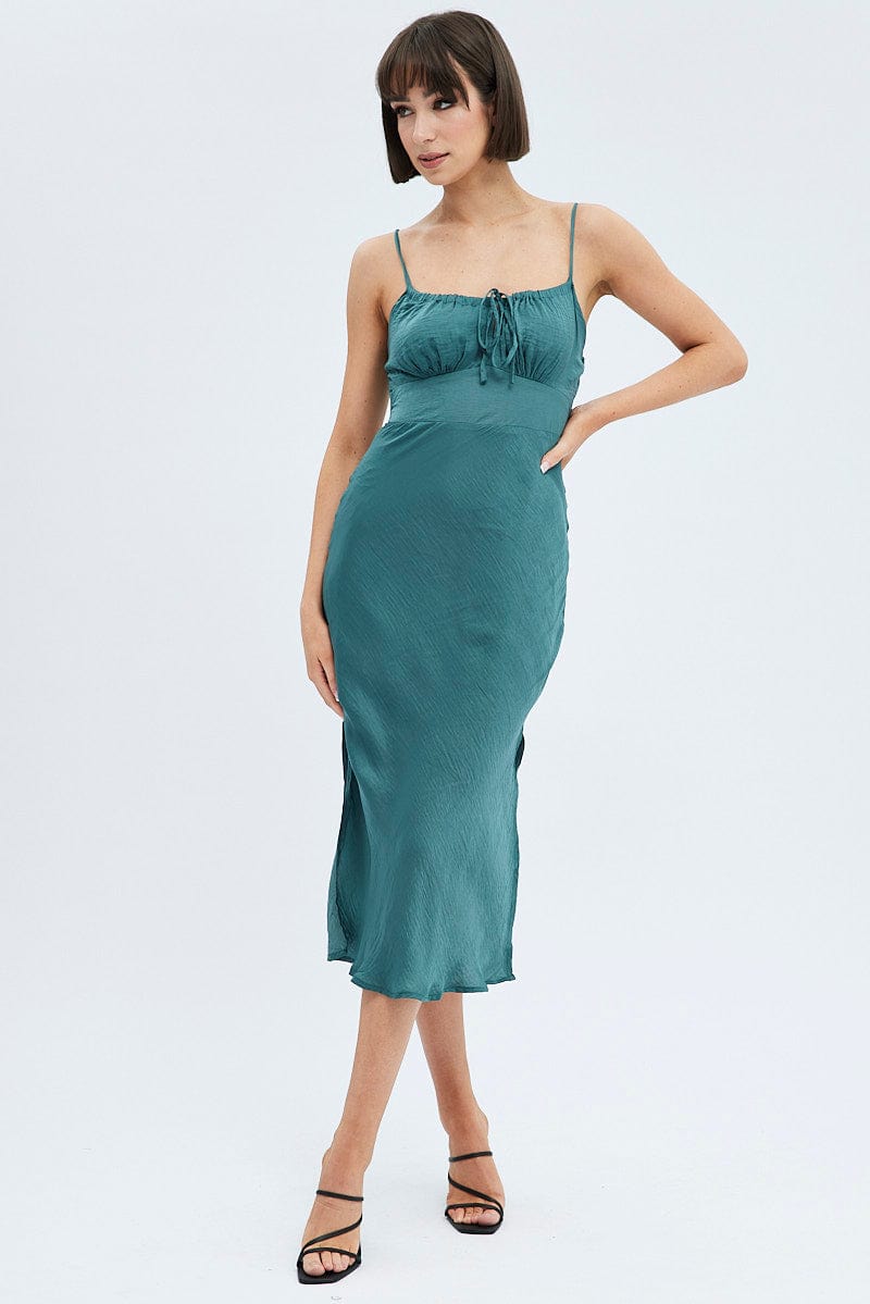 Green Maxi Dress Sleeveless Ruched Bust Satin for Ally Fashion