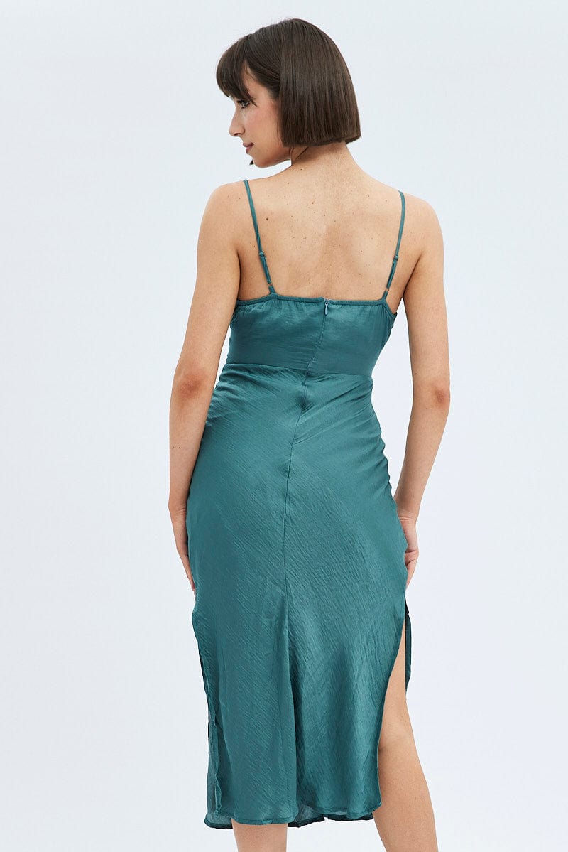 Green Maxi Dress Sleeveless Ruched Bust Satin for Ally Fashion