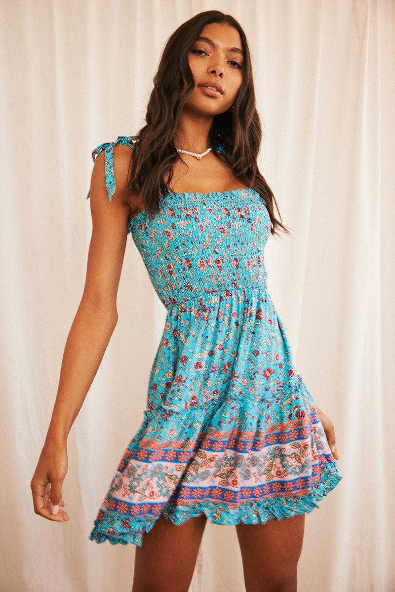 Print Boho Print Mini Dress Sleeveless Fit & Flare for Ally Fashion