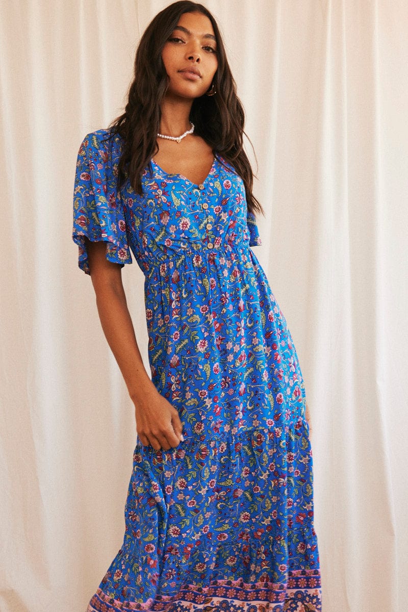 Fashion Maxi Short Dresses Short Sleeve Long Dress Blue Boho Maxi