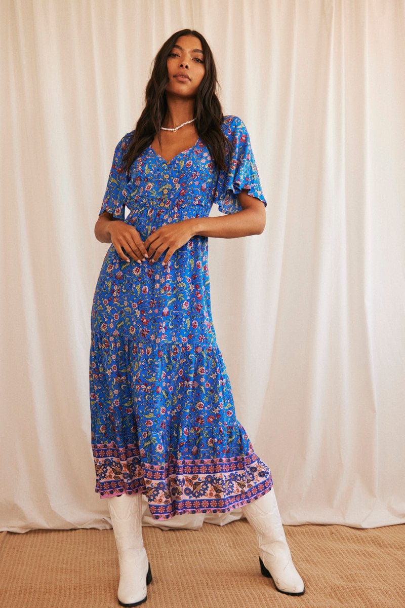 Blue Boho Maxi Dress Short Sleeve V-Neck Ally Fashion