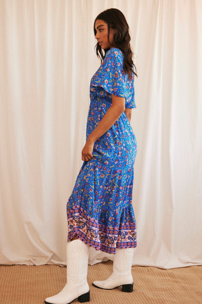 Blue Boho Maxi Dress Short Sleeve V-Neck for Ally Fashion
