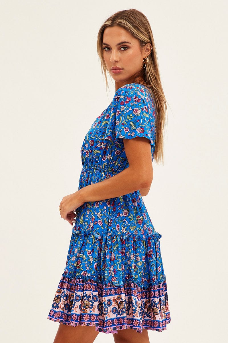 Blue Boho Fit And Flare Dress Short Sleeve Mini V-Neck for Ally Fashion