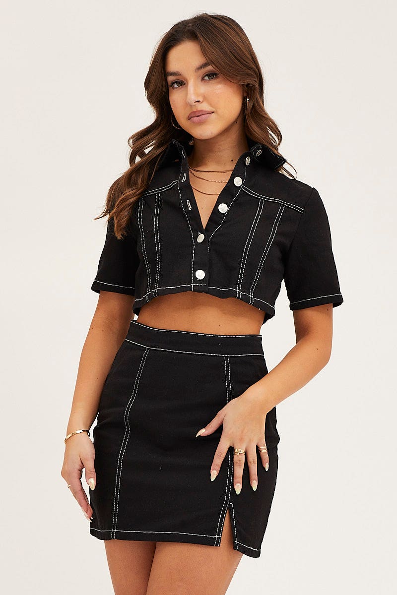 DENIM JACKET Black Contrast Stitch Button Up Top for Women by Ally