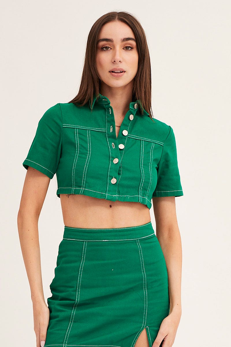 DENIM JACKET Green Contrast Stitch Button Up Top for Women by Ally