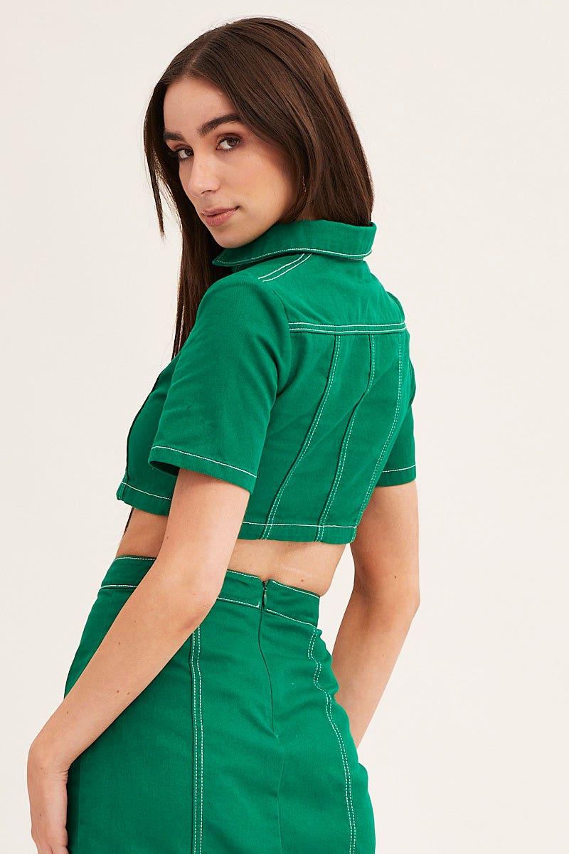 DENIM JACKET Green Contrast Stitch Button Up Top for Women by Ally
