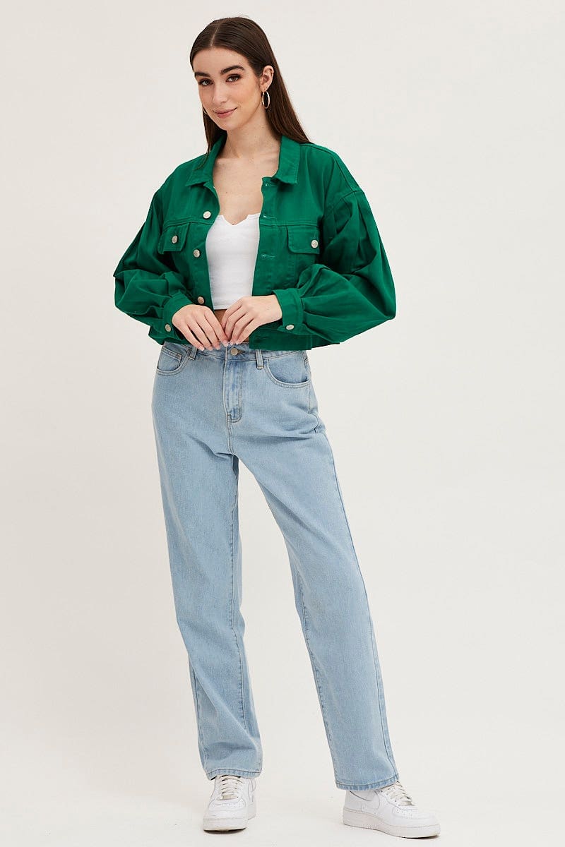 DENIM JACKET Green Long Sleeve Cropped Denim Jacket for Women by Ally