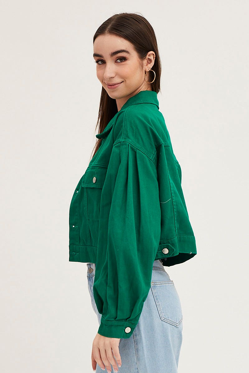 DENIM JACKET Green Long Sleeve Cropped Denim Jacket for Women by Ally