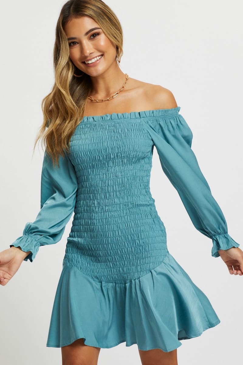 DESIGNER DRESS Blue Designer Shirred Of The Shoulder Ruffle Dress for Women by Ally