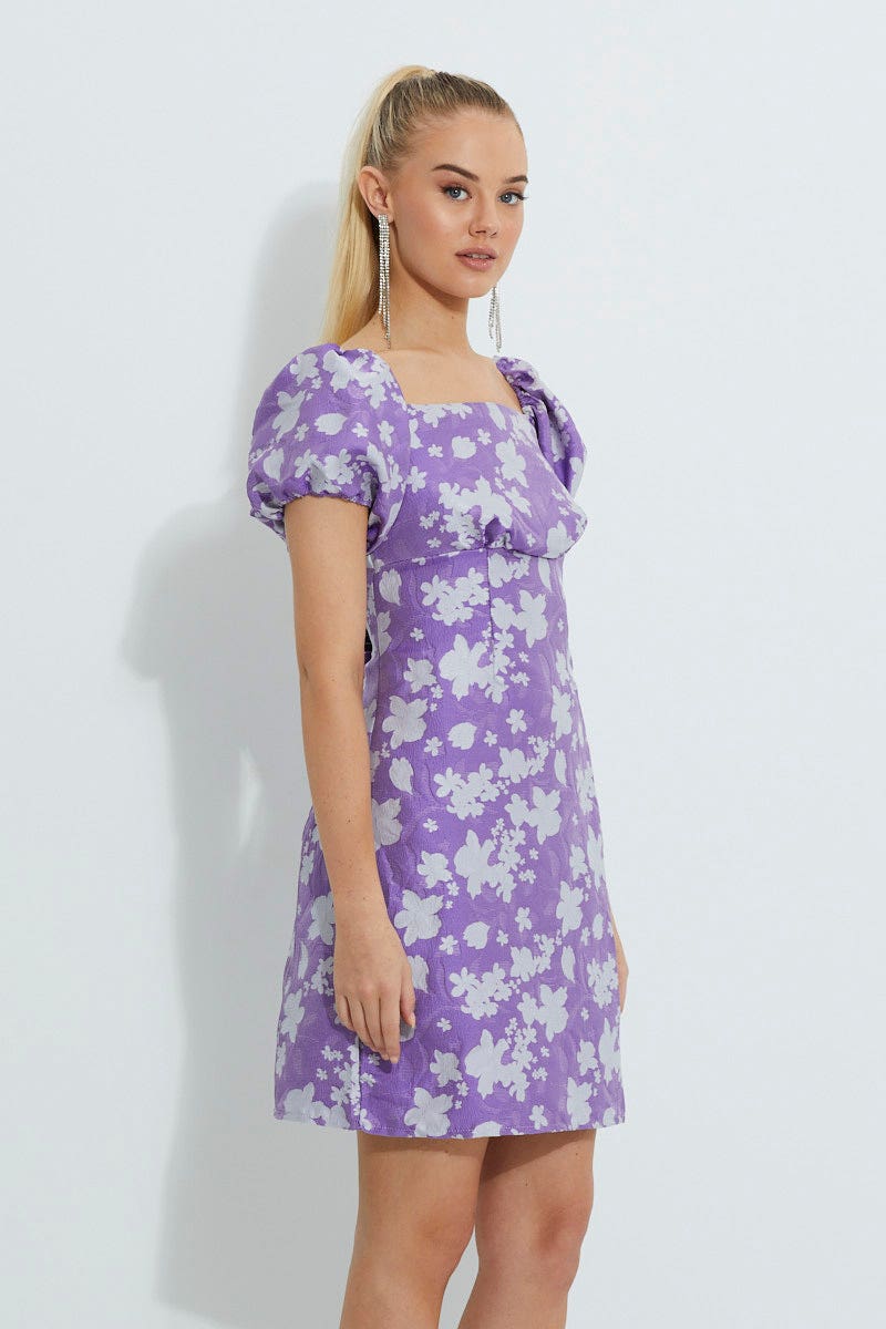 DESIGNER DRESS Floral Print Designer Jacquard Puff Shoulder Dress for Women by Ally