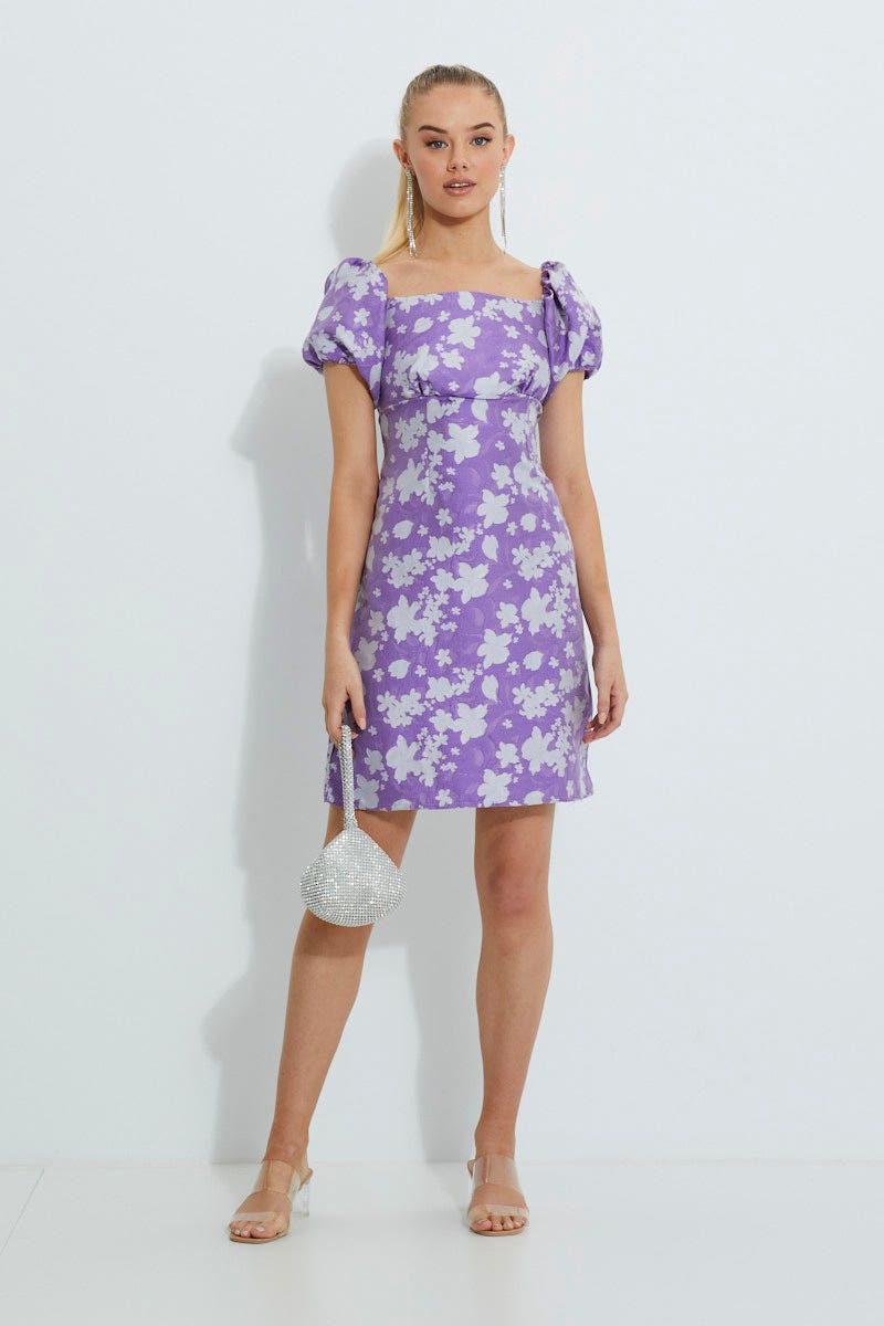 DESIGNER DRESS Floral Print Designer Jacquard Puff Shoulder Dress for Women by Ally