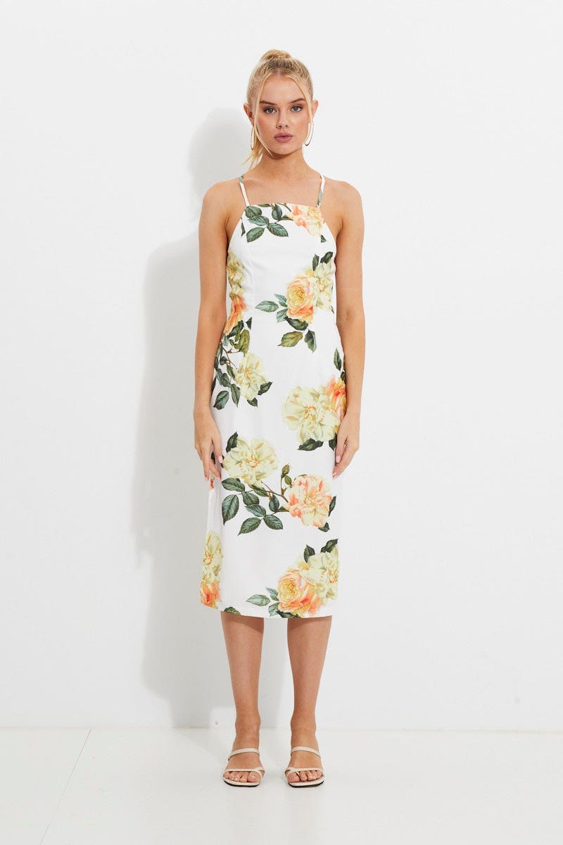 DESIGNER DRESS Floral Print Designer Yellow Rose Racer Neck Slip Midi Dress for Women by Ally