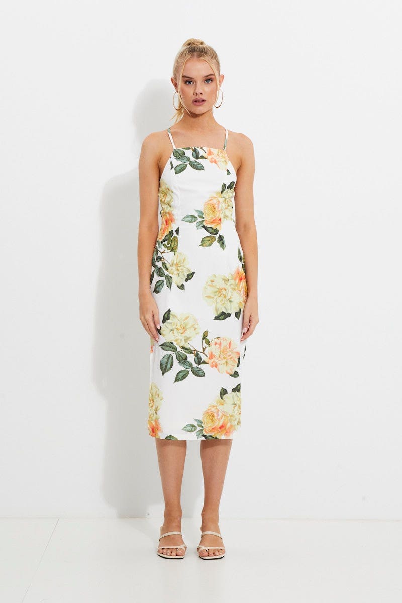 DESIGNER DRESS Floral Print Designer Yellow Rose Racer Neck Slip Midi Dress for Women by Ally