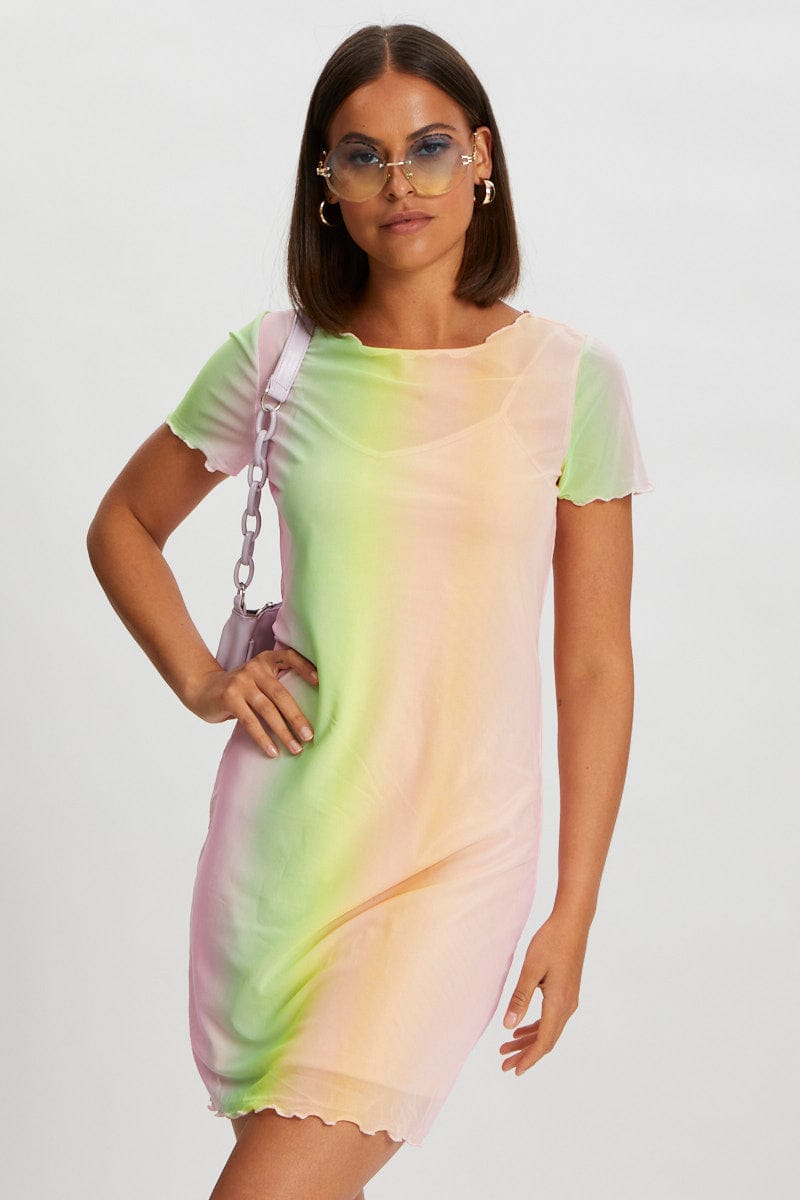 DESIGNER DRESS Multi Tie Dye Mesh Dress for Women by Ally