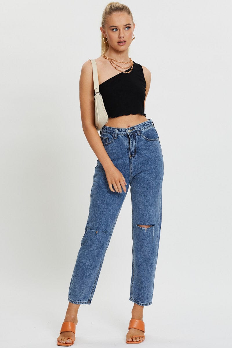 Black Basic Lettuce Hem Crop Rib Top