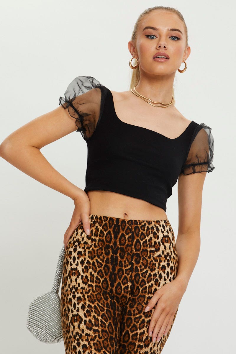 Top Women’s Black Organza Puff Sleeve Crop Top | Ally Fashion
