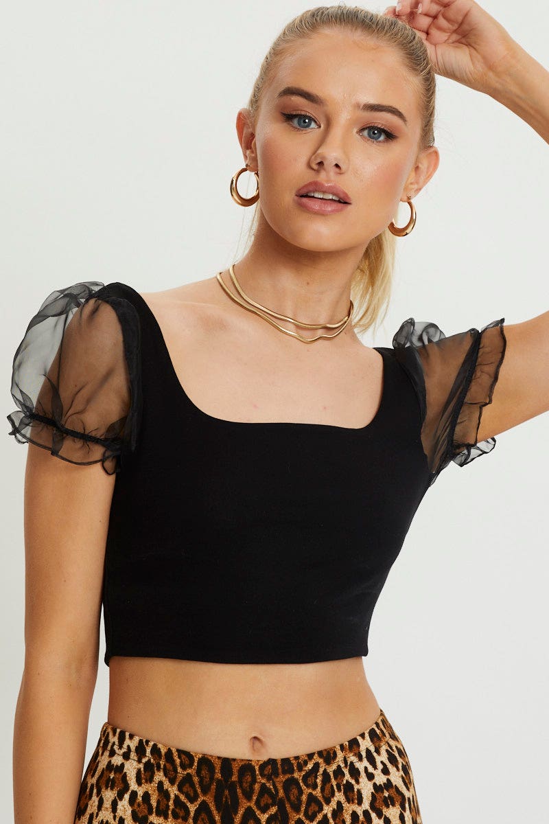 DESIGNER JERSEY TOP Black Organza Puff Sleeve Crop Top for Women by Ally