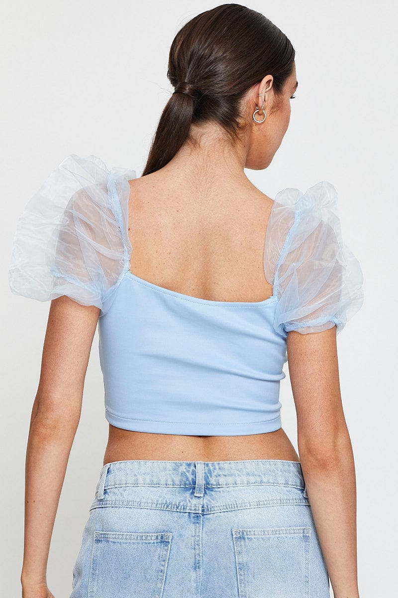 DESIGNER JERSEY TOP Blue Designer Organza Puff Shoulder Top for Women by Ally