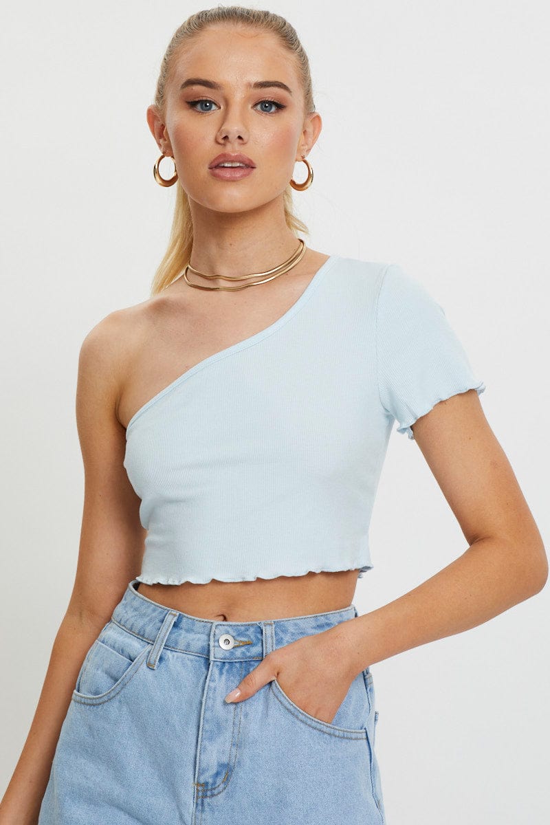 DESIGNER JERSEY TOP Blue Lettuce Hem One Shoulder Ribbed Top for Women by Ally