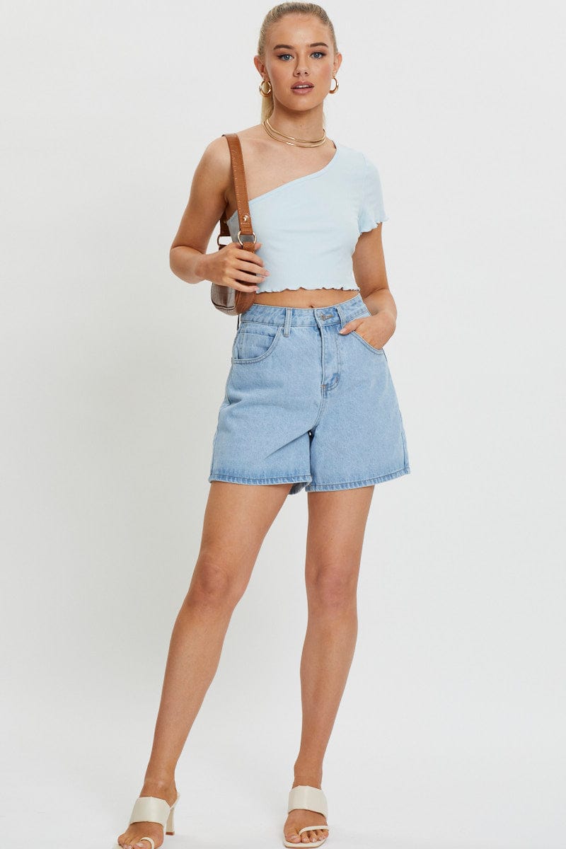 DESIGNER JERSEY TOP Blue Lettuce Hem One Shoulder Ribbed Top for Women by Ally