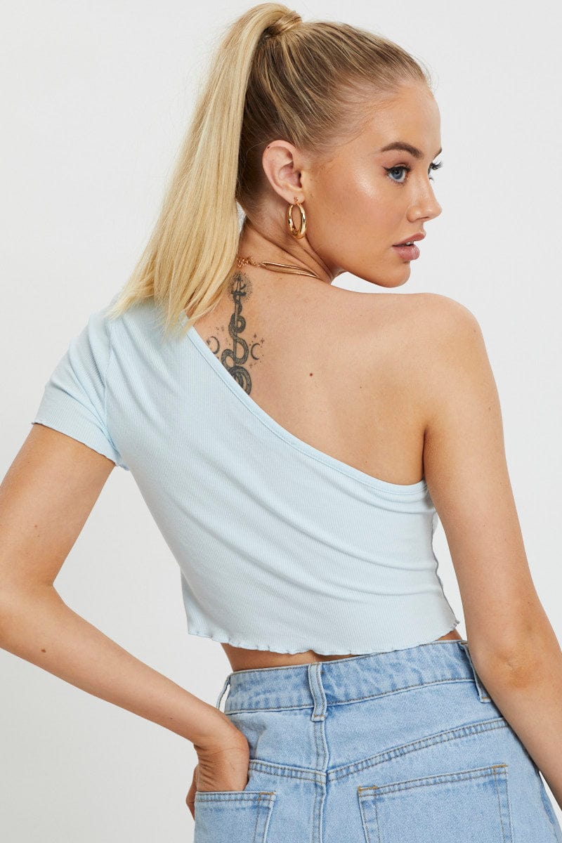 DESIGNER JERSEY TOP Blue Lettuce Hem One Shoulder Ribbed Top for Women by Ally