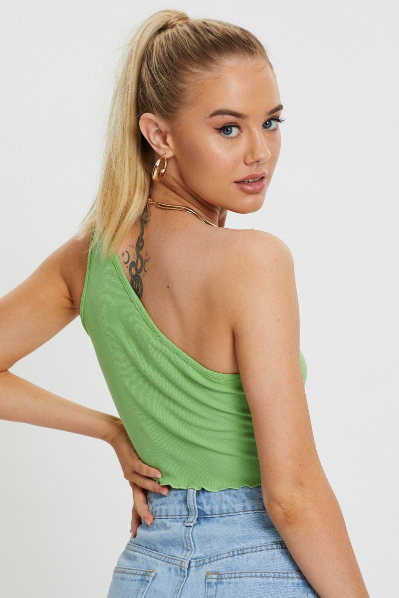 DESIGNER JERSEY TOP Green Lettuce Hem One Shoulder Ribbed Top for Women by Ally