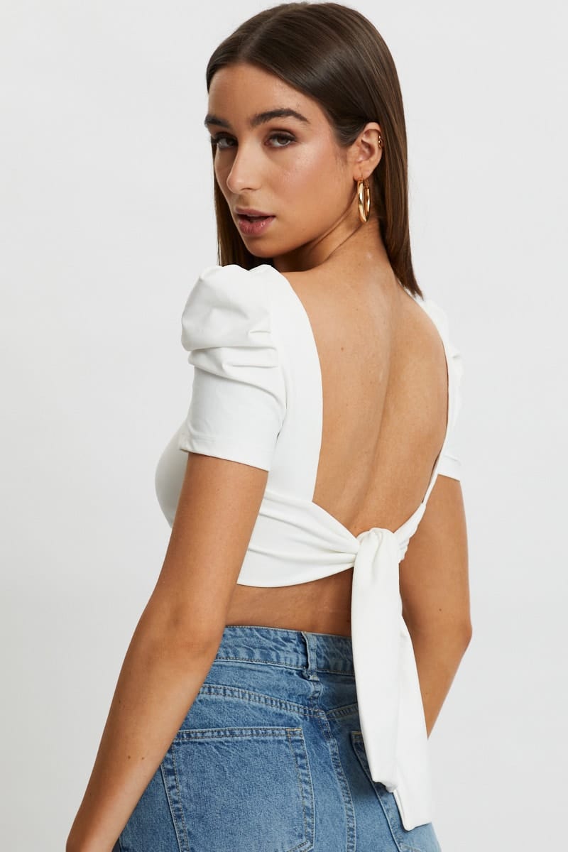 DESIGNER JERSEY TOP White Puff Sleeve Tie Back Top for Women by Ally