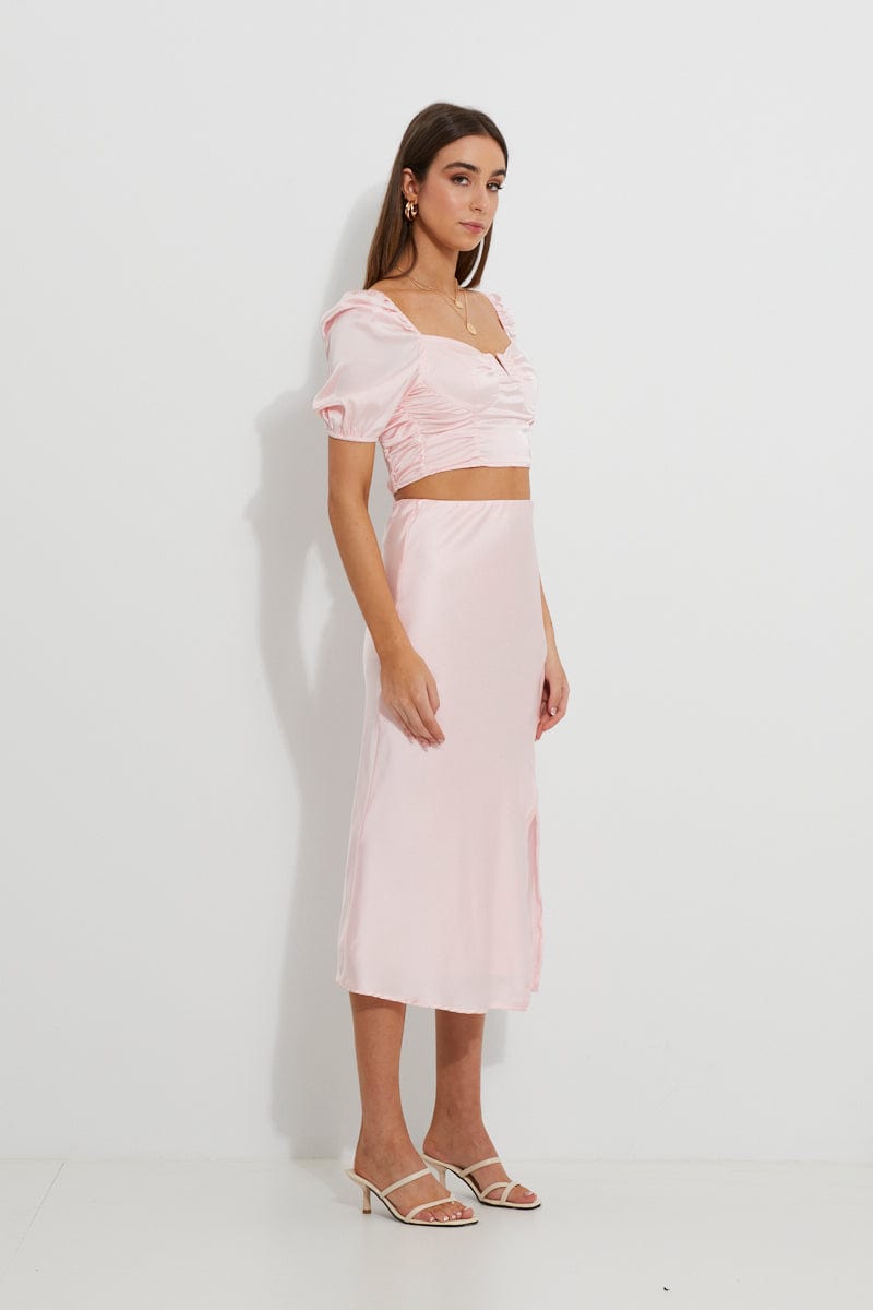 DESIGNER SKIRT Pink Designer Satin Front Split Slip Skirt for Women by Ally