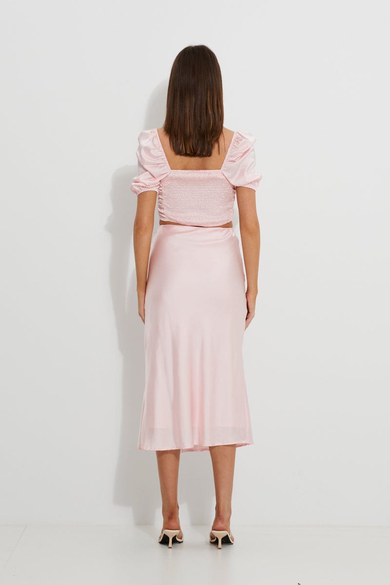 DESIGNER SKIRT Pink Designer Satin Front Split Slip Skirt for Women by Ally
