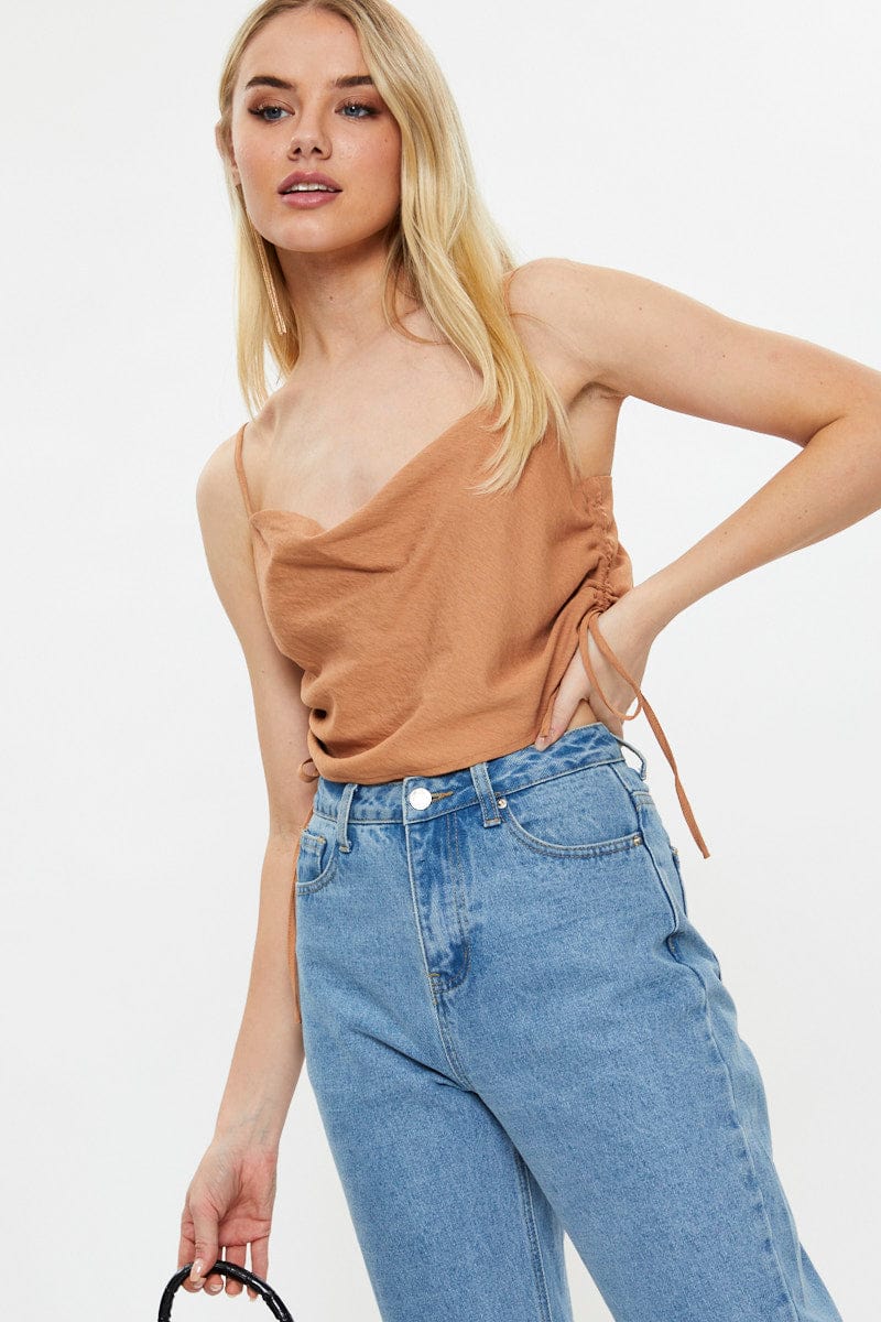 Women’s Beige Designer Linen Look Cowl Neck Drawstring Top | Ally Fashion