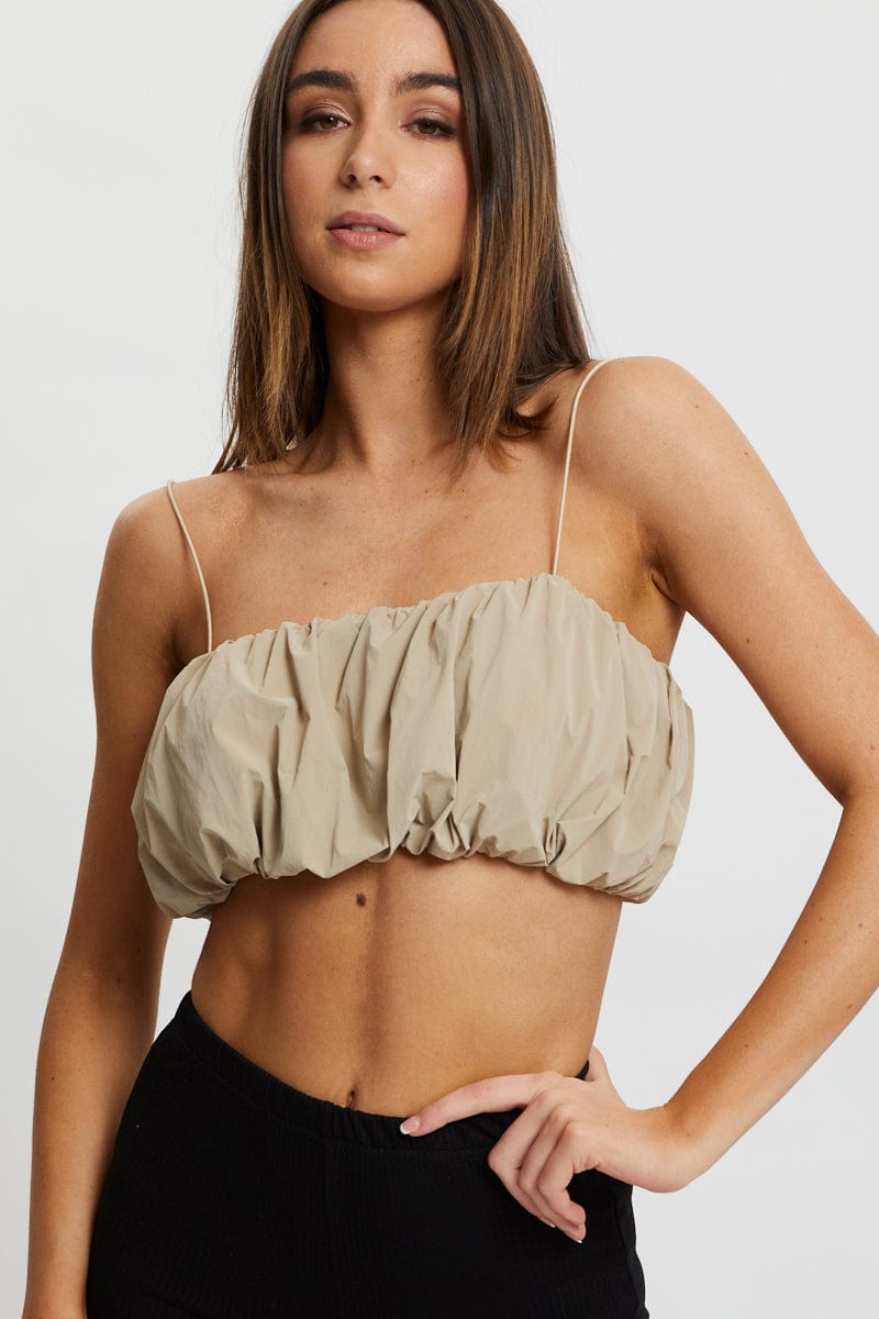 DESIGNER WOVEN TOP Camel Windproof Puff Crop Top for Women by Ally