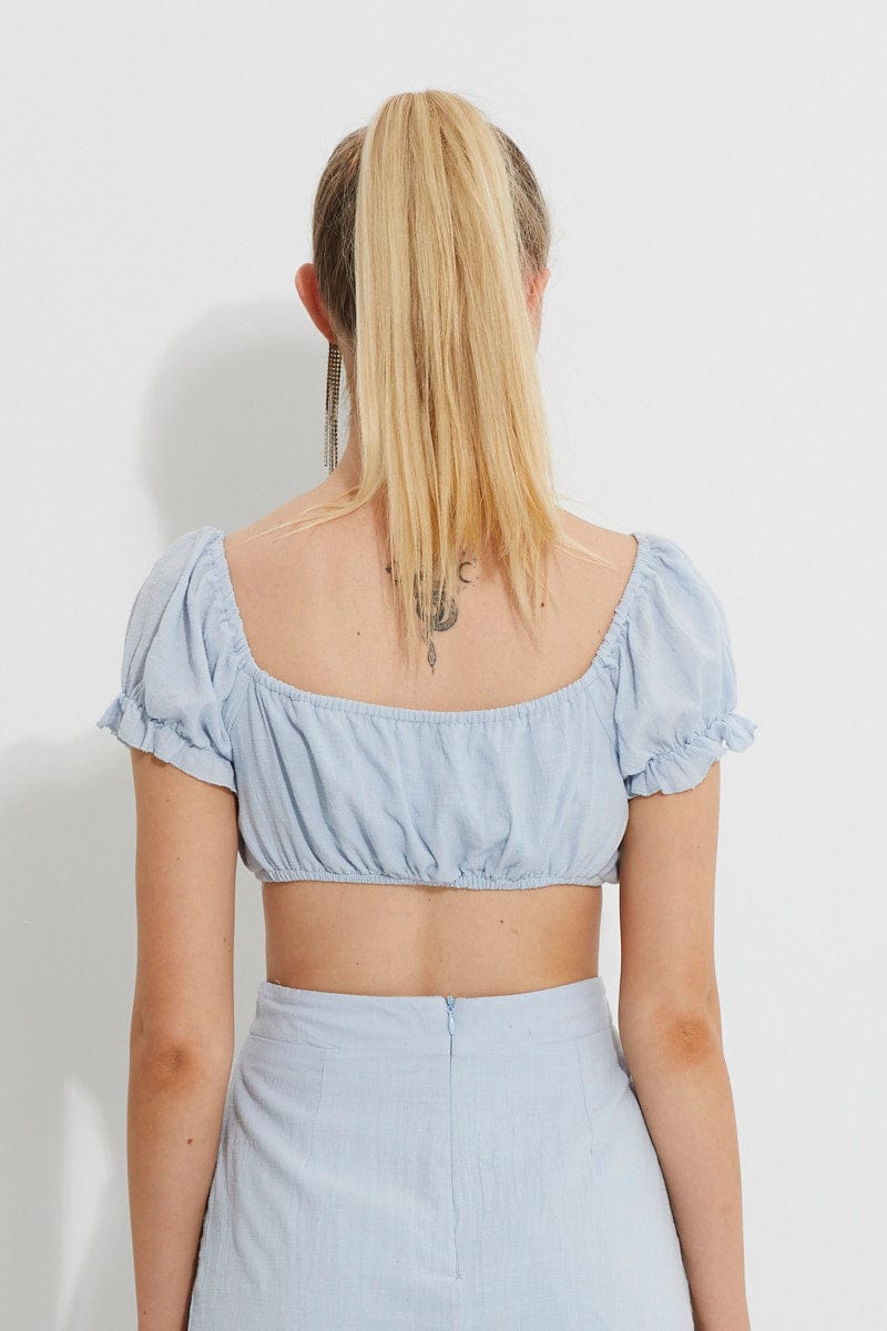 Women’s Blue Designer Puff Sleeve Tie Front Crop | Ally Fashion