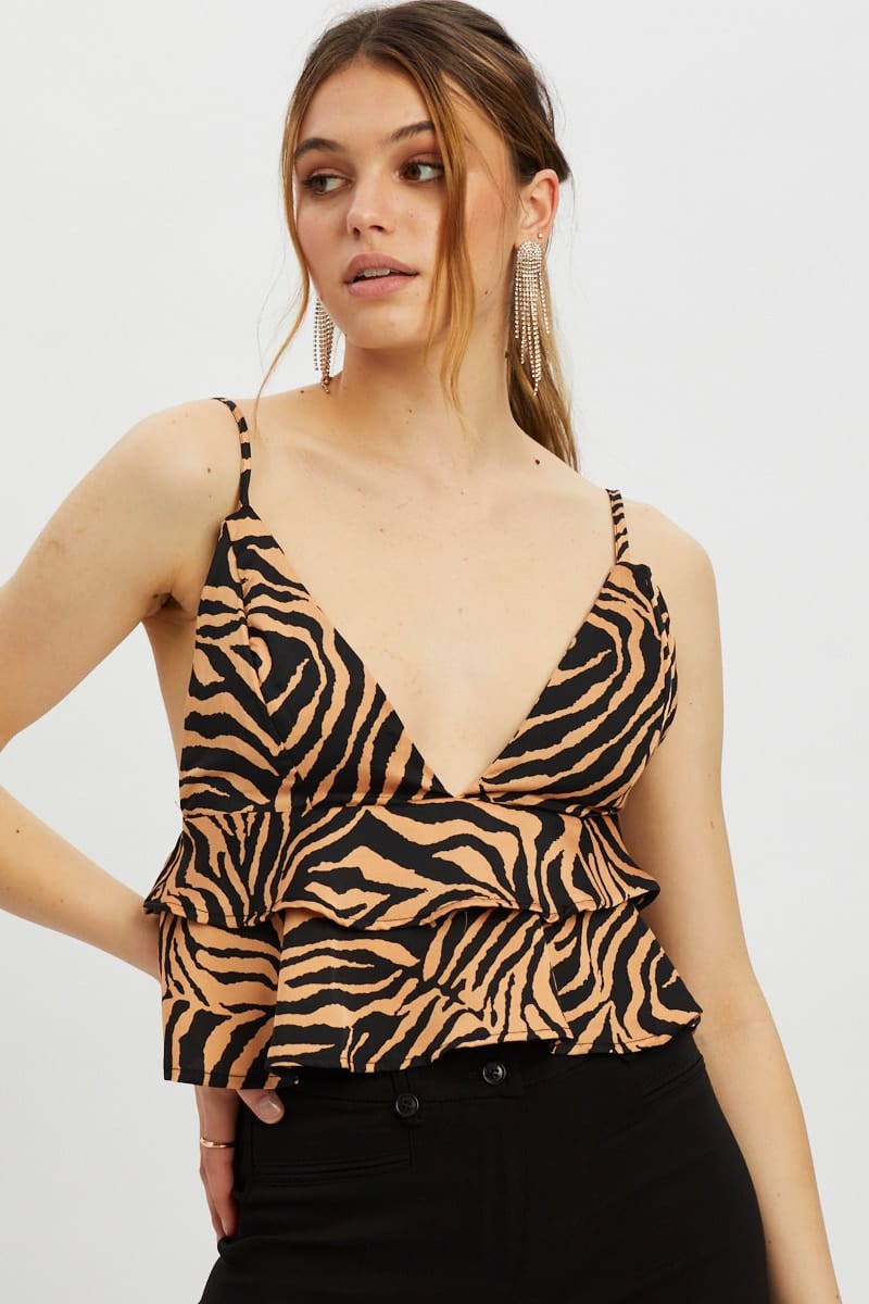DESIGNER WOVEN TOP Print Designer Zebra Print Tiered Ruffle Cami Top for Women by Ally