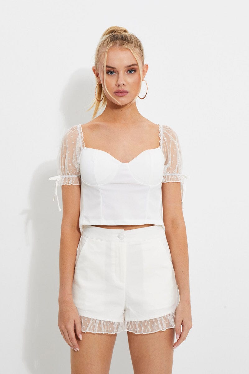 DESIGNER WOVEN TOP White Dobby Mesh Ruffle Puff Sleeve Bustier Crop Top for Women by Ally