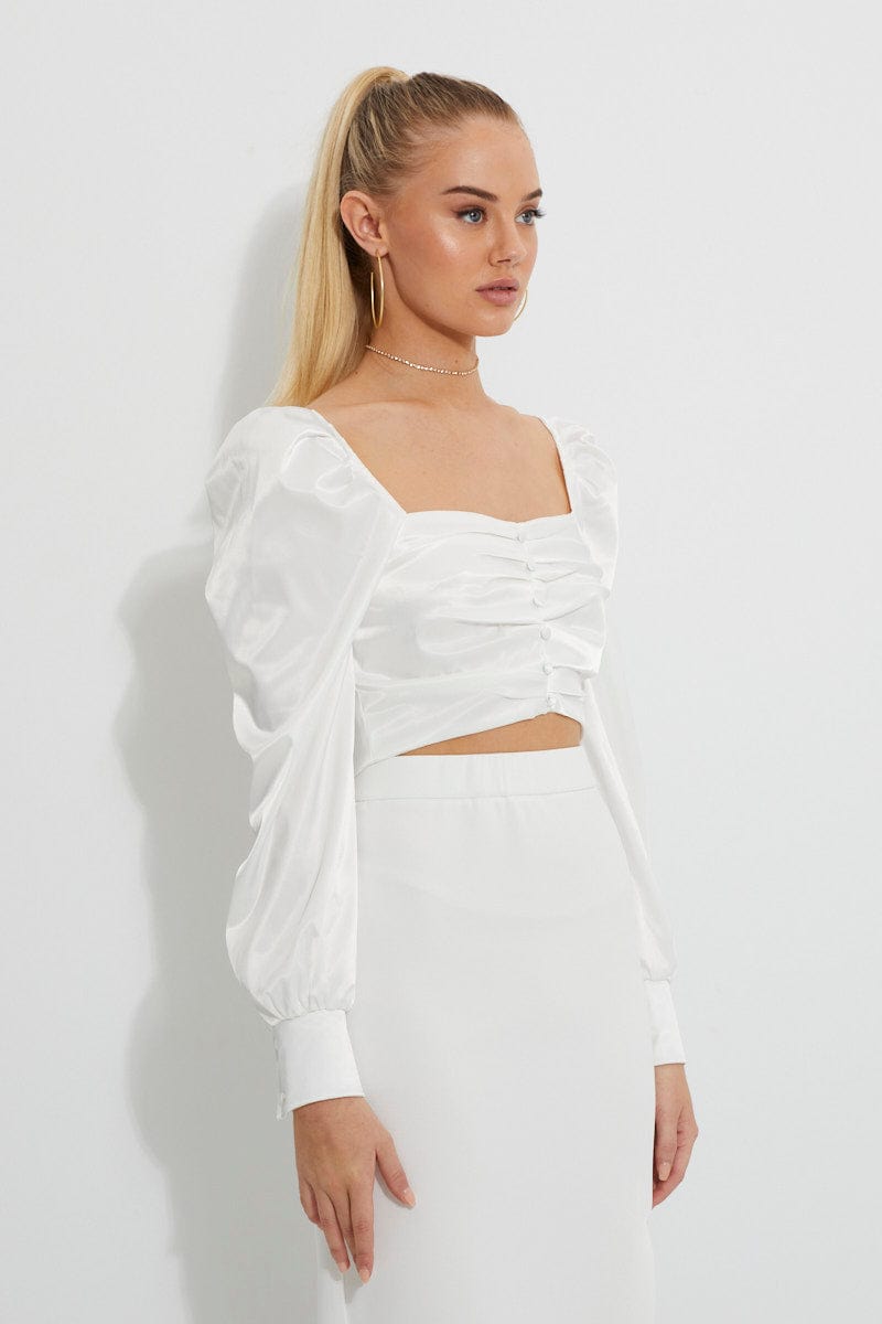 DESIGNER WOVEN TOP White Puff Sleeve Bustier Top for Women by Ally