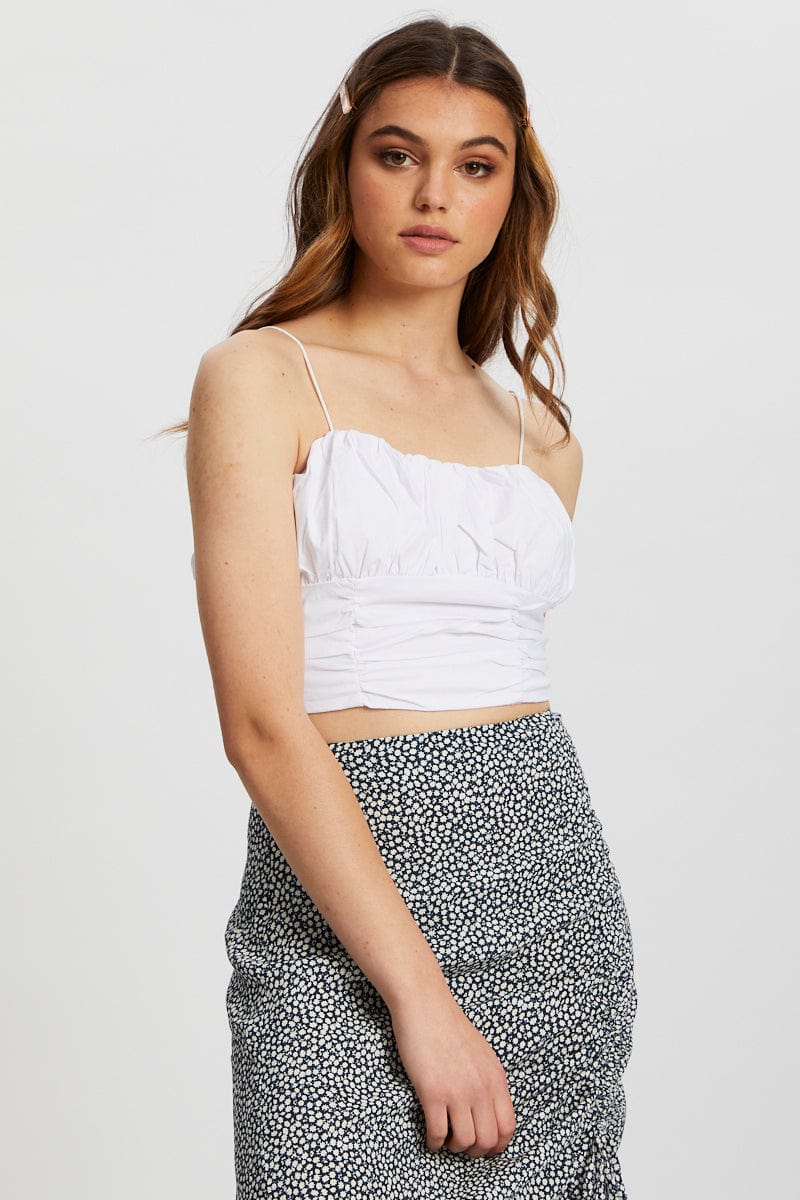 DESIGNER WOVEN TOP White Ruched Poplin Cami Top for Women by Ally
