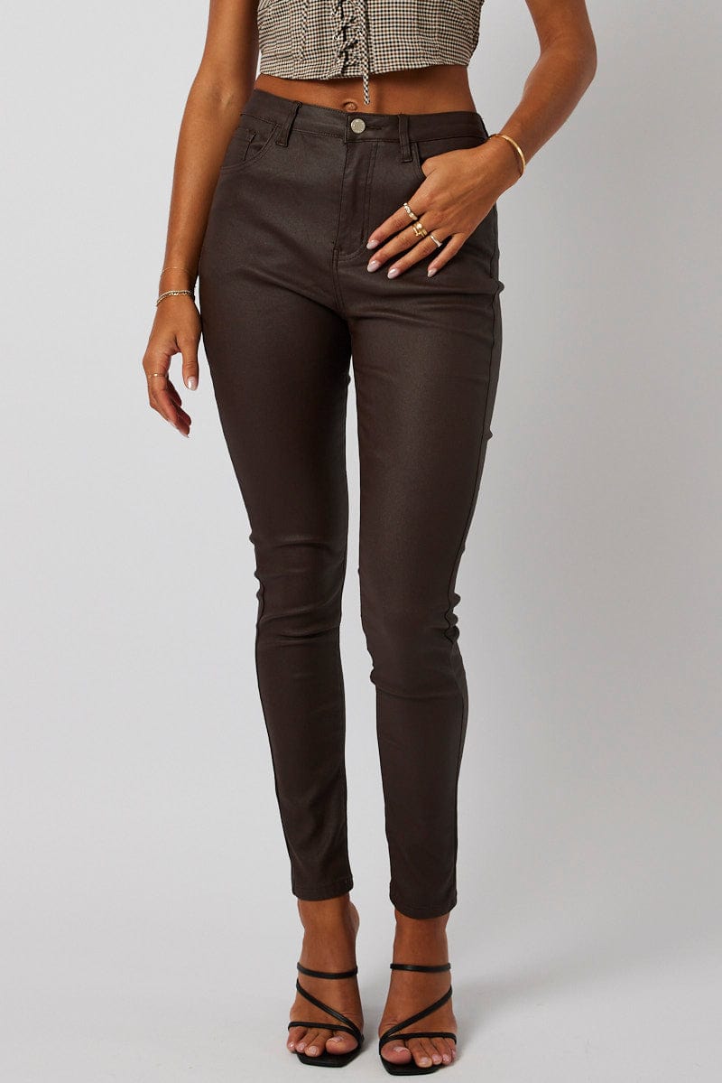 Brown Skinny Jean Wet Look for Ally Fashion
