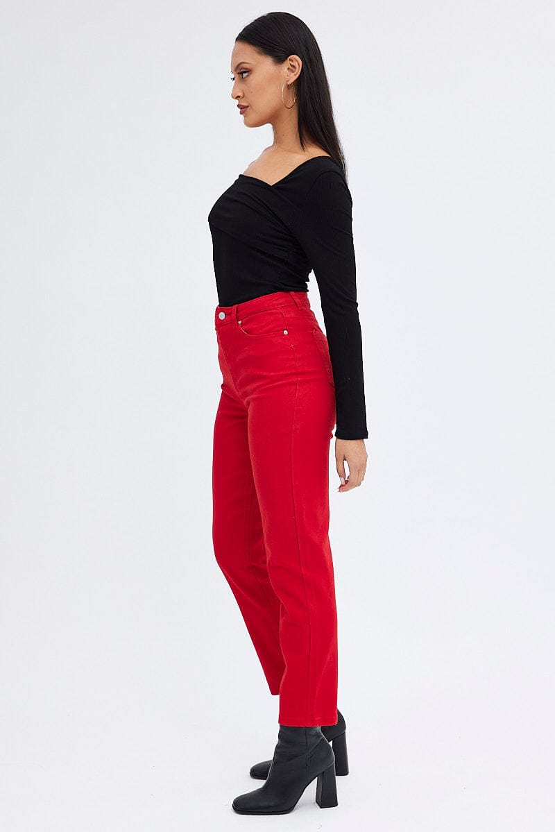 Red Mom Denim Jeans High Rise for Ally Fashion