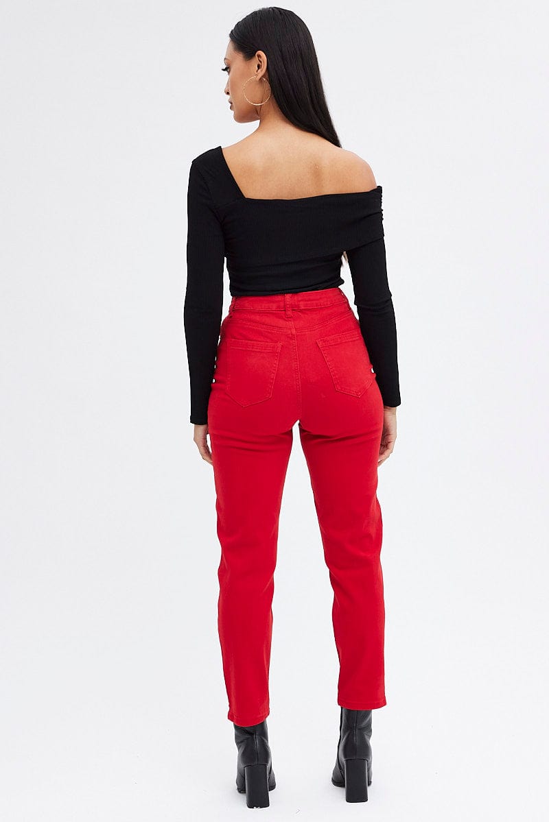 Red Mom Denim Jeans High Rise for Ally Fashion