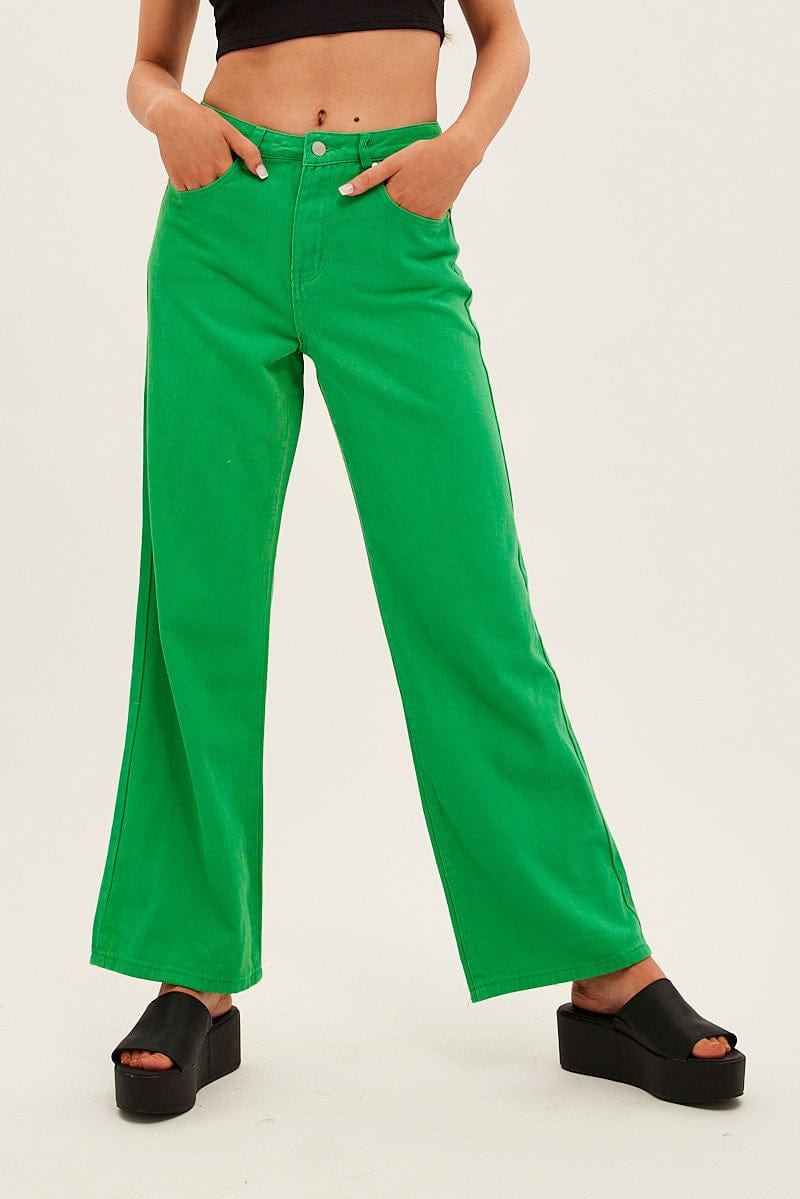 Green Denim Jeans High Rise Wide Leg