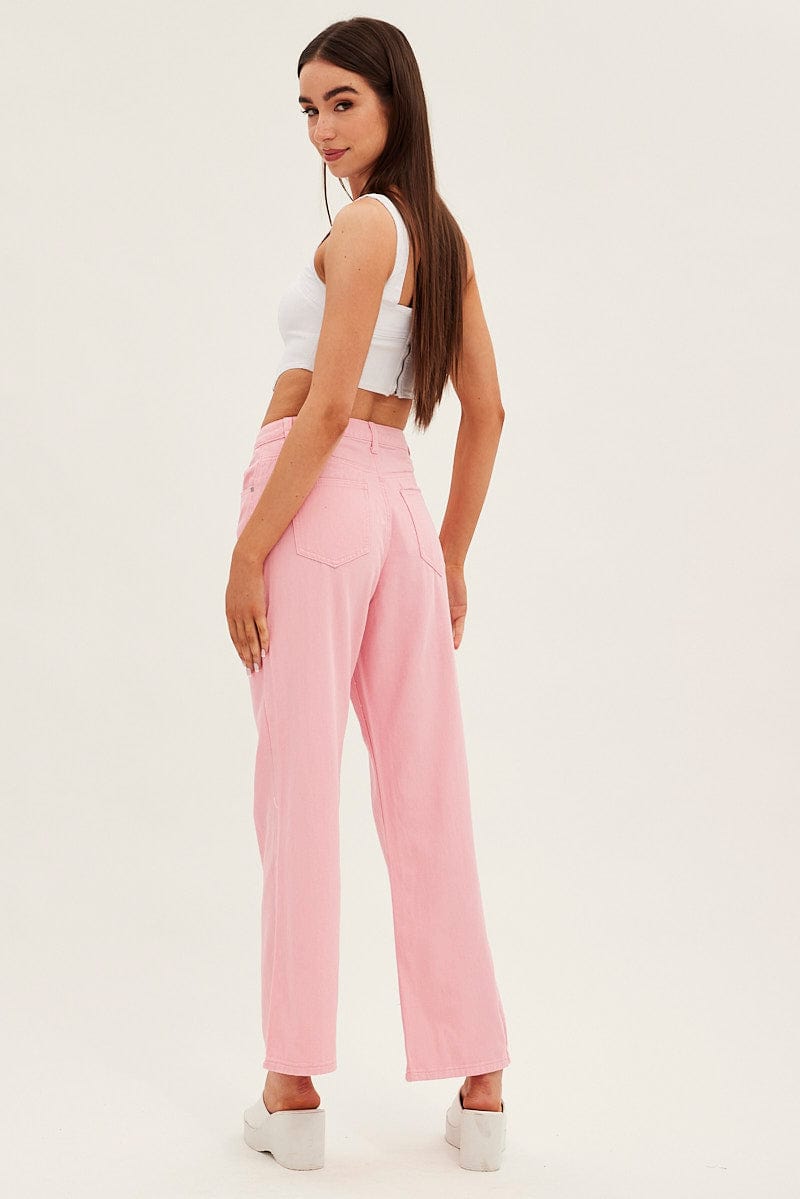 Pink Denim Jeans High Rise Wide Leg for Ally Fashion