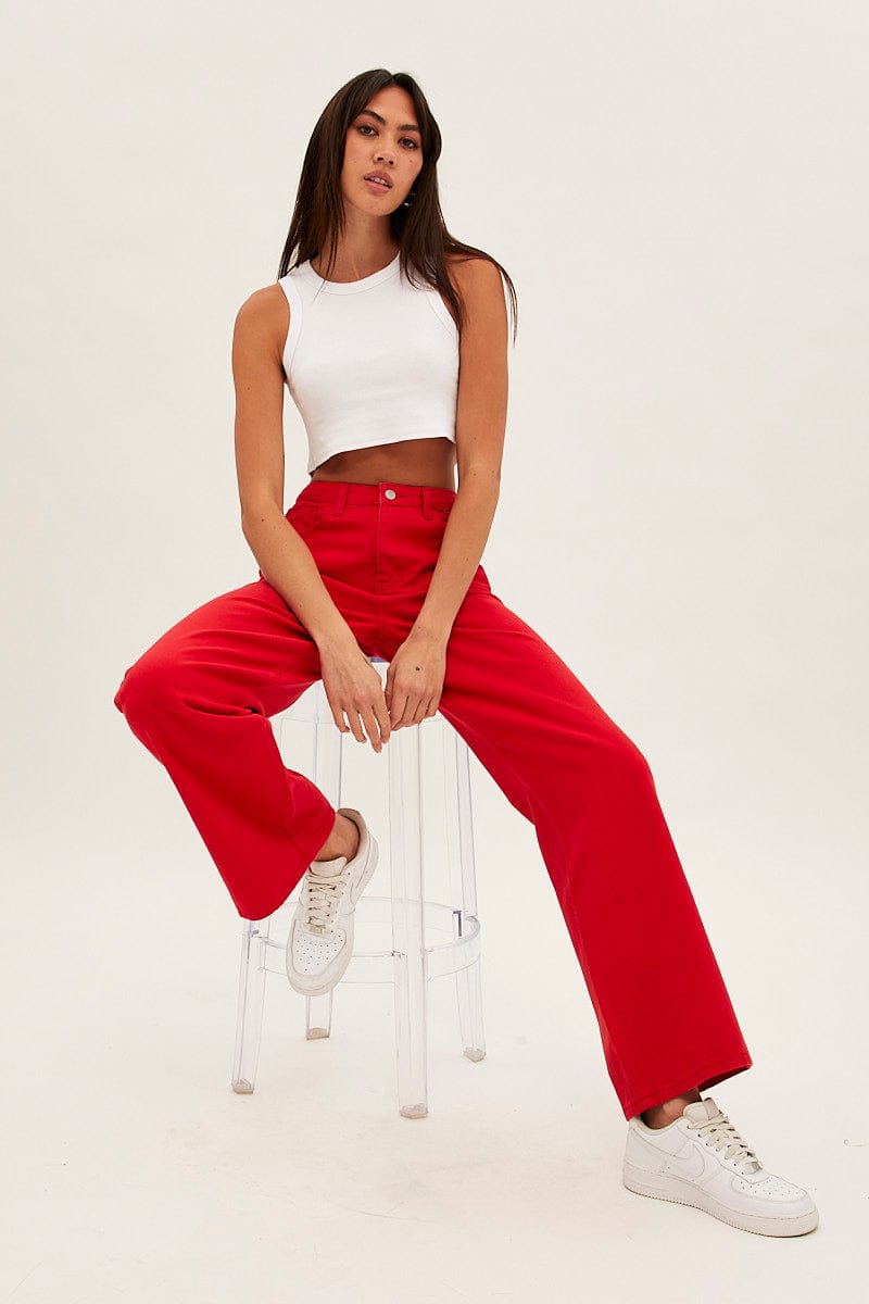 Red Wide Leg Denim Jeans High Rise for Ally Fashion